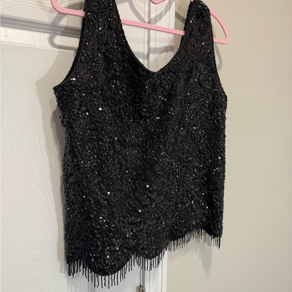 Vintage HONG KONG BLACK SPARKLY BEADED SEQUINS EVENING 100% WOOL
TOP SZE M - Picture 6 of 10
